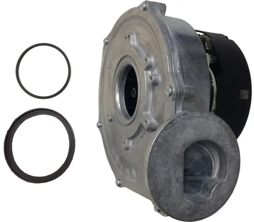 Bosch Gebläse mit zwei O-Ringen, aus Metall, zeigt eine Öffnung und eine Montagefläche an der Seite, geeignet für Anwendungen im Fahrzeugbereich oder in der Heizungstechnik.